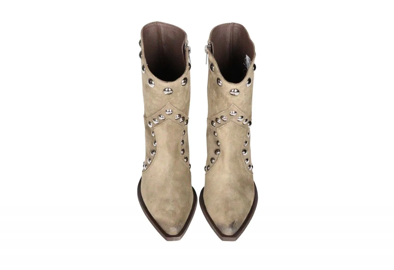 Botin Nobuck Taupe Tachas Redondas Metalizadas Tacon Alto Cerco Saliente