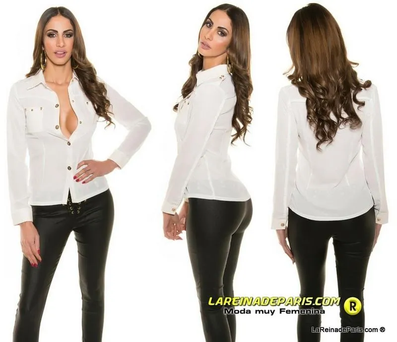 Camisa blanca moderna con botones oro