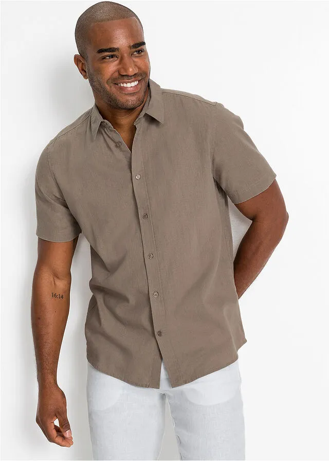 Camisa de manga corta con lino taupe