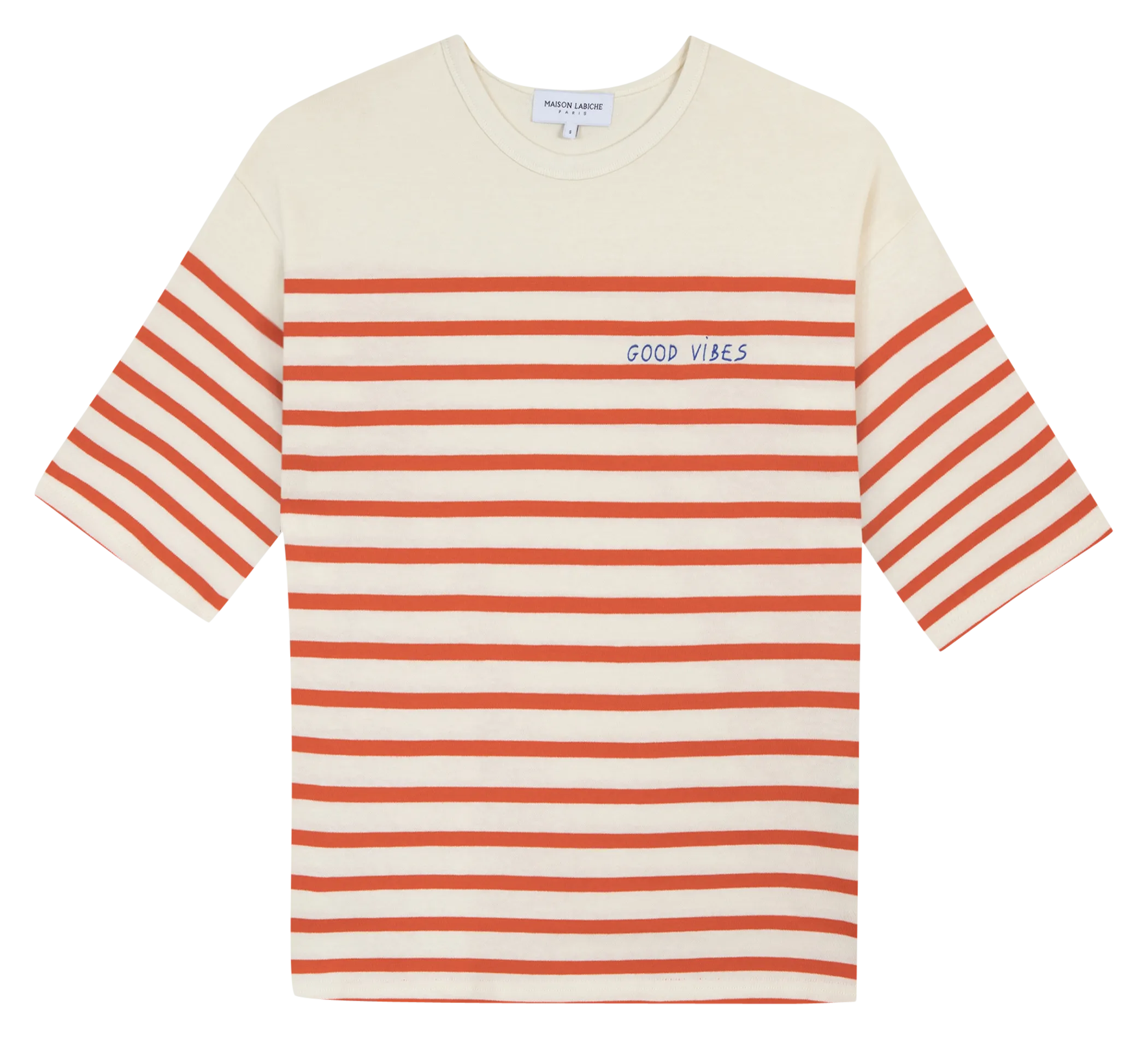 MAISON LABICHE MONTPAR SS GOOD VIBES - Camiseta holgada de algodón orgánico con cuello redondo en blanco