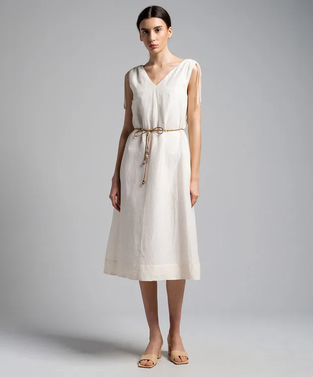 Peserico Beige linen dress with monil chain