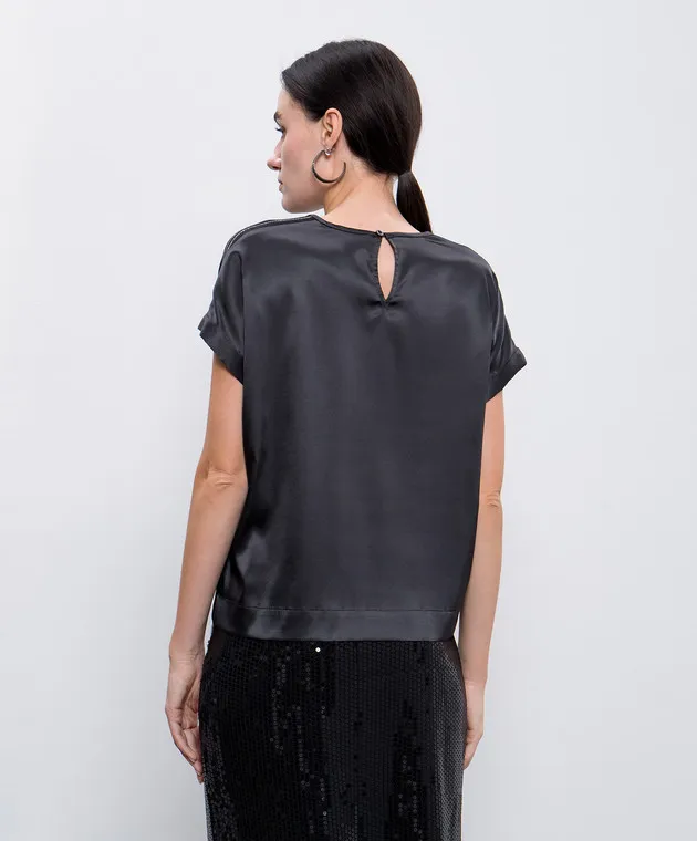 Peserico Gray silk top with monil chain