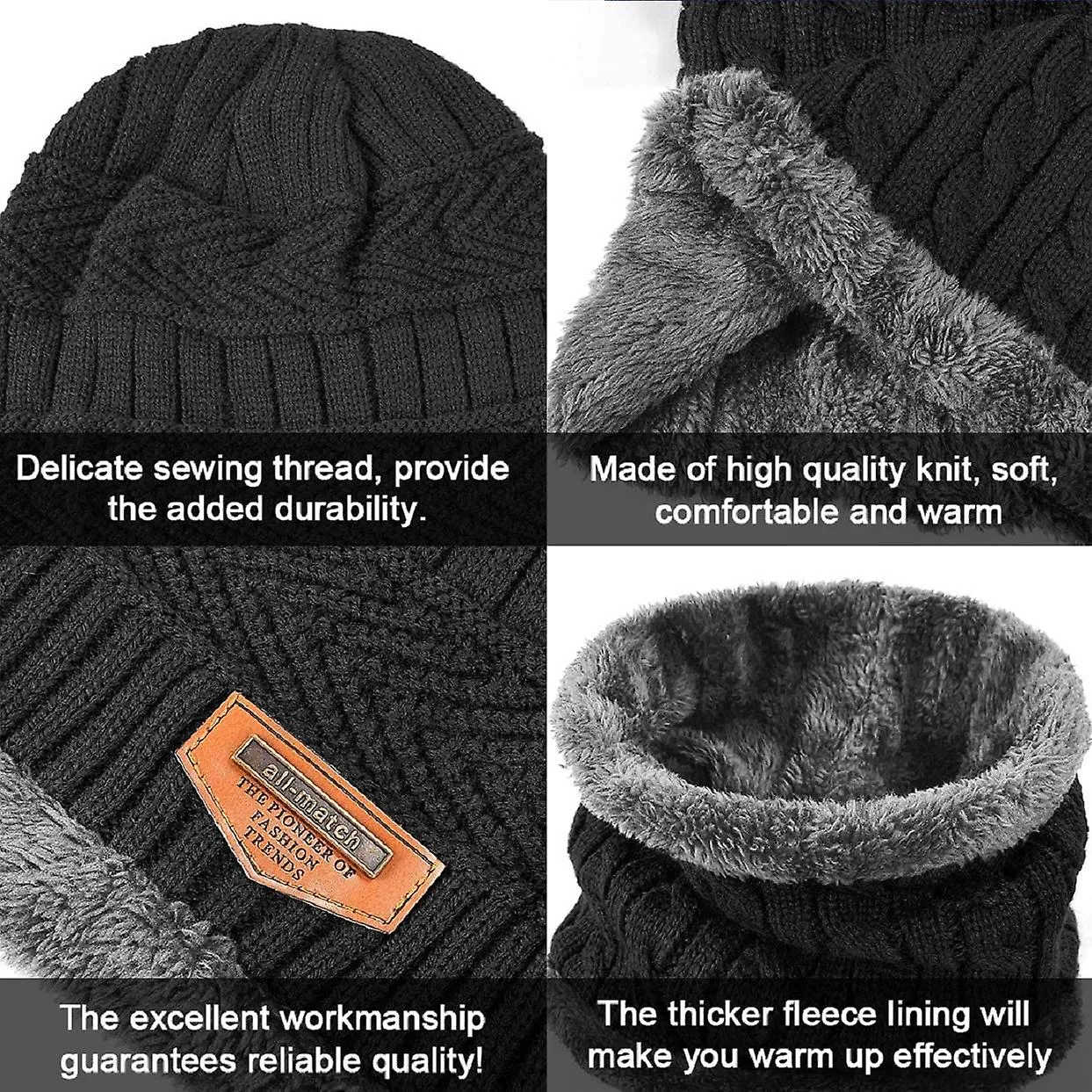 Renacimiento Beanie Hat Hat Bufanda de invierno 3 piezas Set Forro de vellón grueso Vellón elástico y guantes Set Mitones de pan