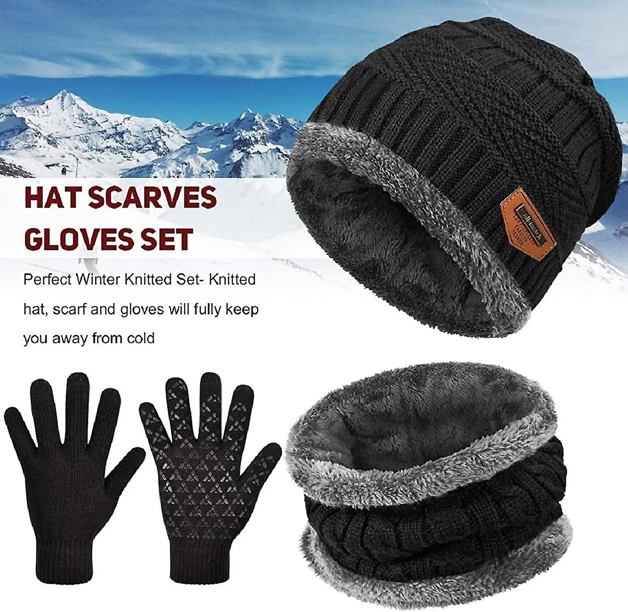 Renacimiento Beanie Hat Hat Bufanda de invierno 3 piezas Set Forro de vellón grueso Vellón elástico y guantes Set Mitones de pan