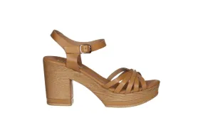 Sandalia Piel Camel Pala Tiras Con Pulsera Tacon Alto