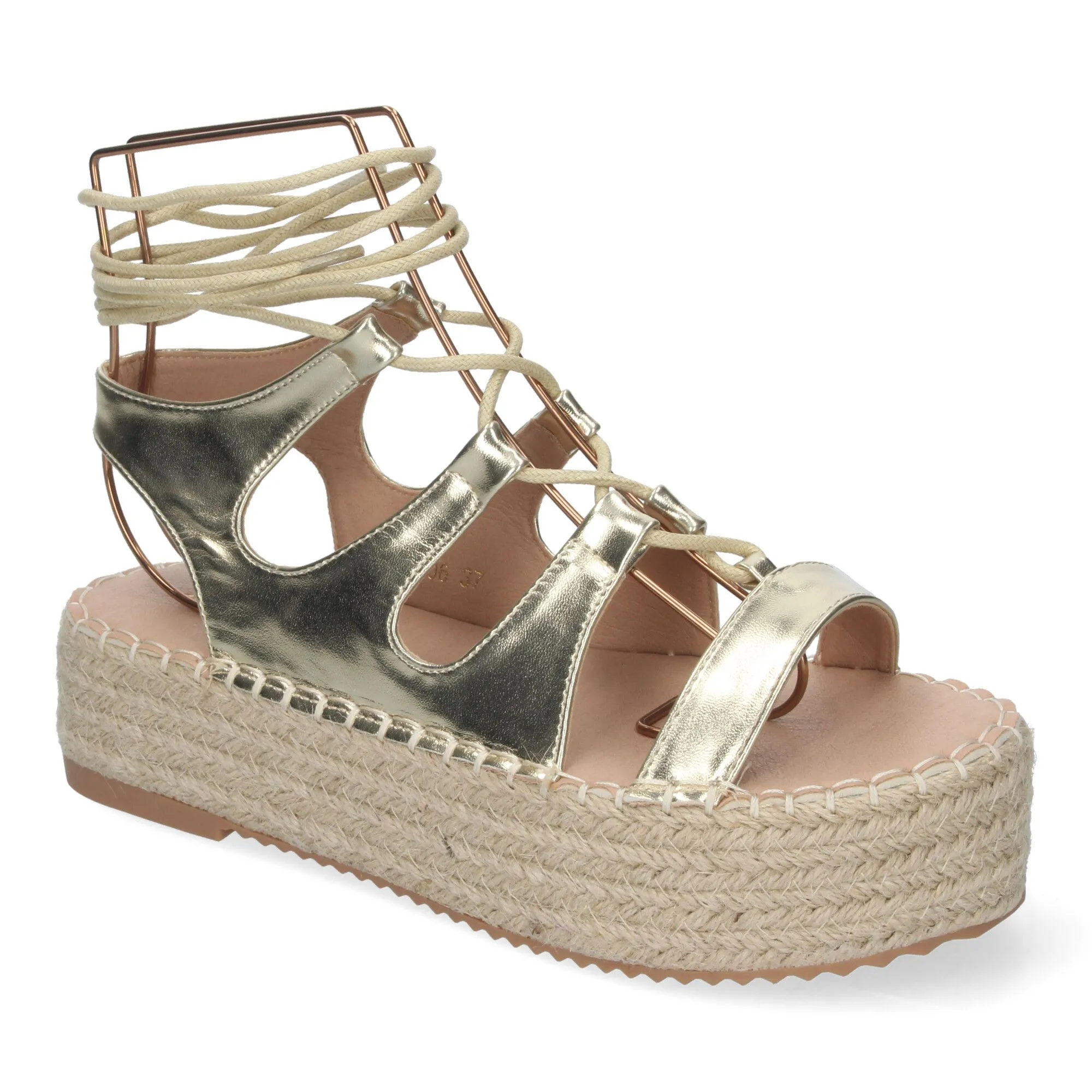 Sandalias doradas de plataforma en yute para mujer lazos TF3306