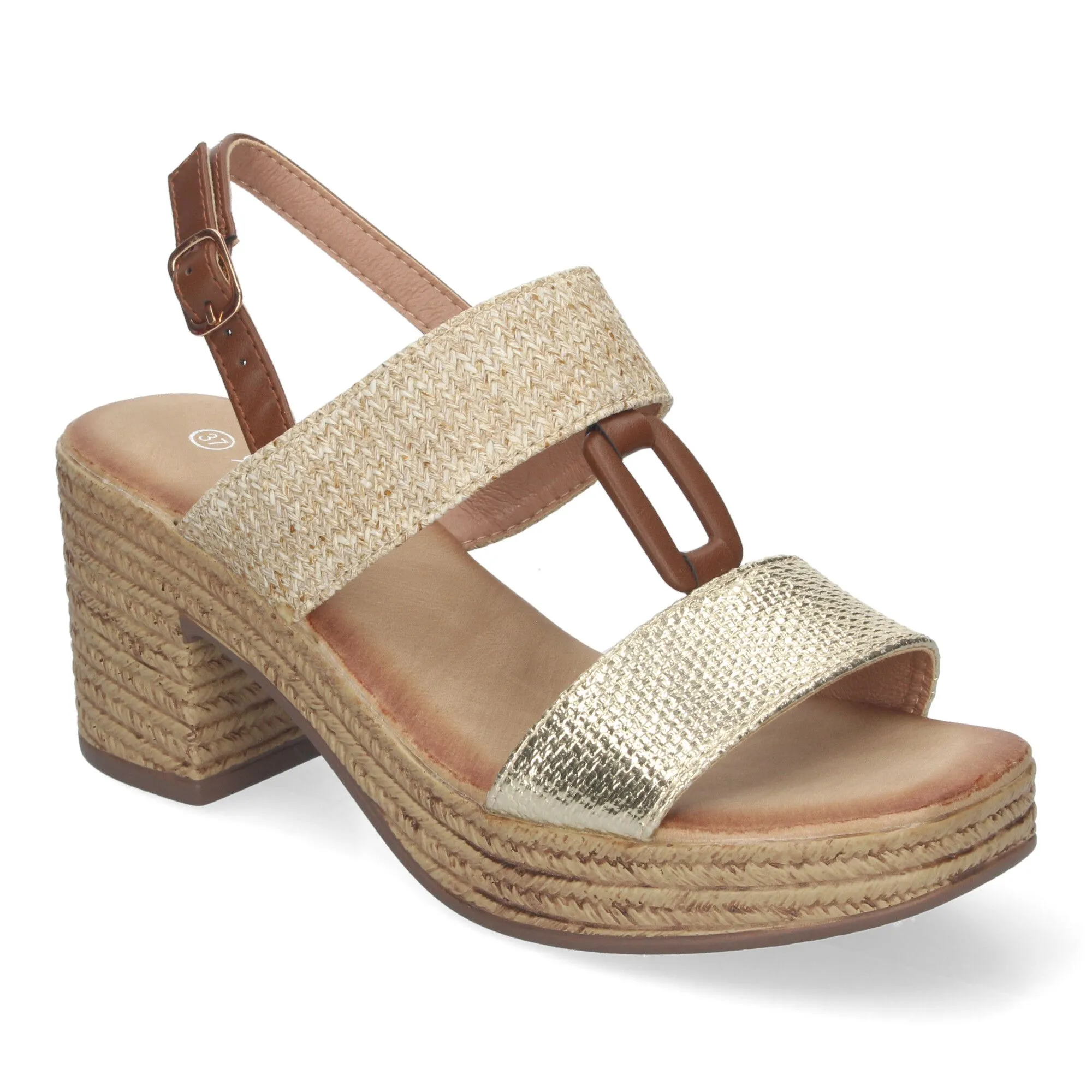 Sandalias doradas de tacón y plataforma para mujer XFH790