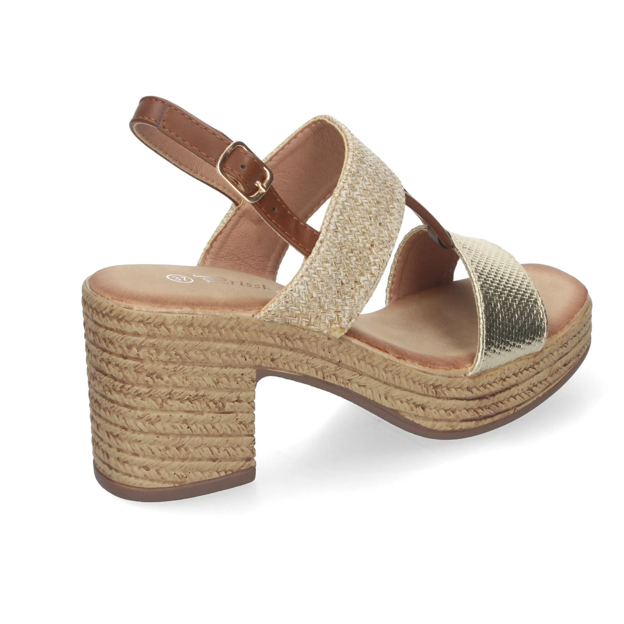 Sandalias doradas de tacón y plataforma para mujer XFH790