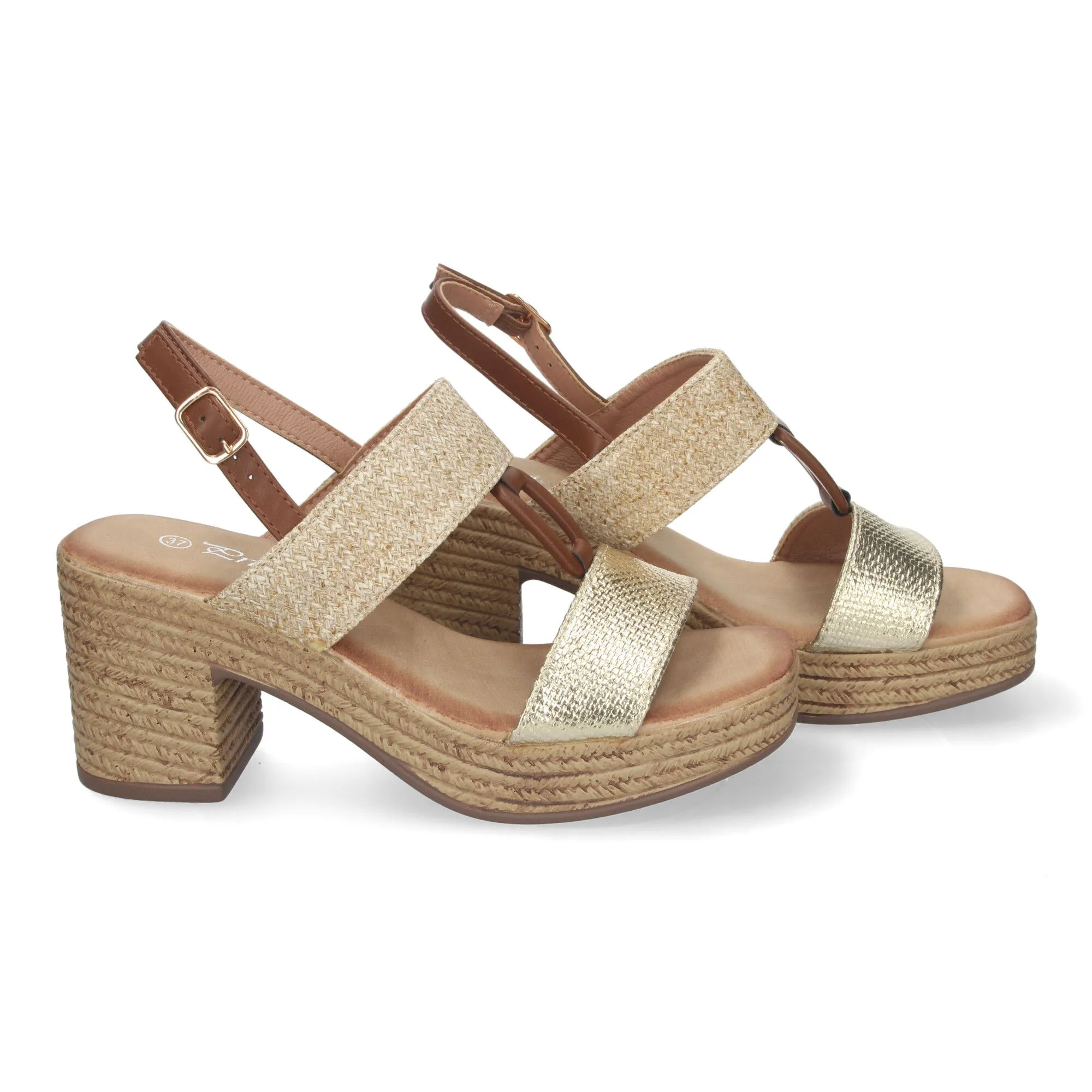 Sandalias doradas de tacón y plataforma para mujer XFH790