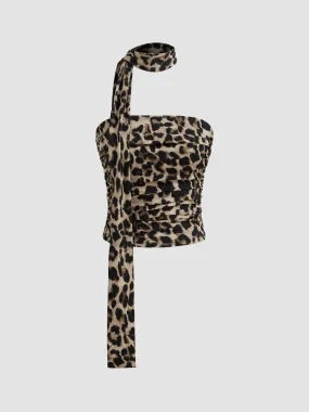 Top Tubo Fruncido con Estampado de Leopardo y Bufanda