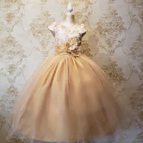 Vestido de Niña Fiesta Oro con Blanco Encaje Elegante Talla 10 a 12 Años