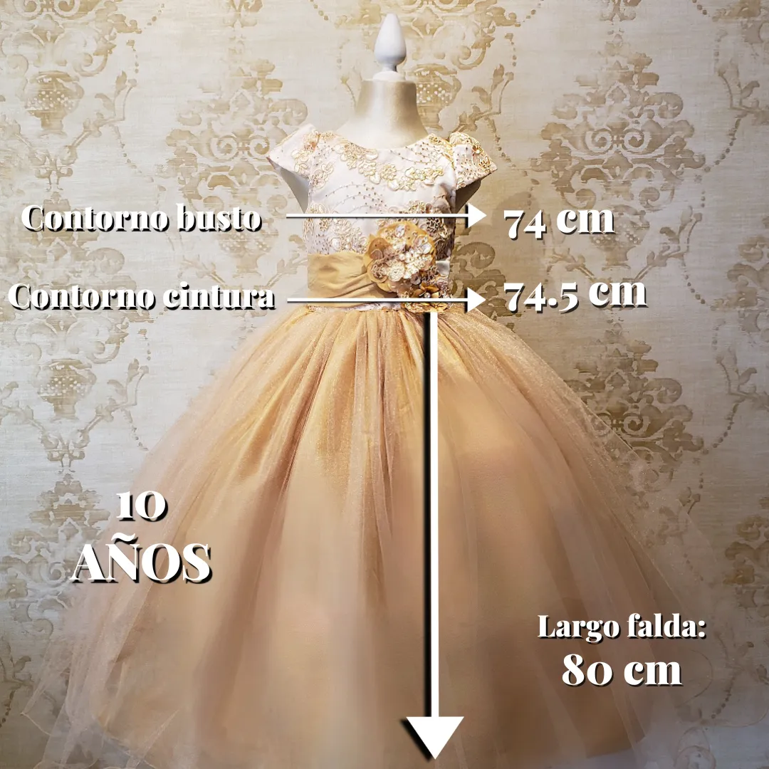 Vestido de Niña Fiesta Oro con Blanco Encaje Elegante Talla 10 a 12 Años