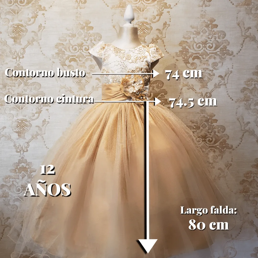 Vestido de Niña Fiesta Oro con Blanco Encaje Elegante Talla 10 a 12 Años