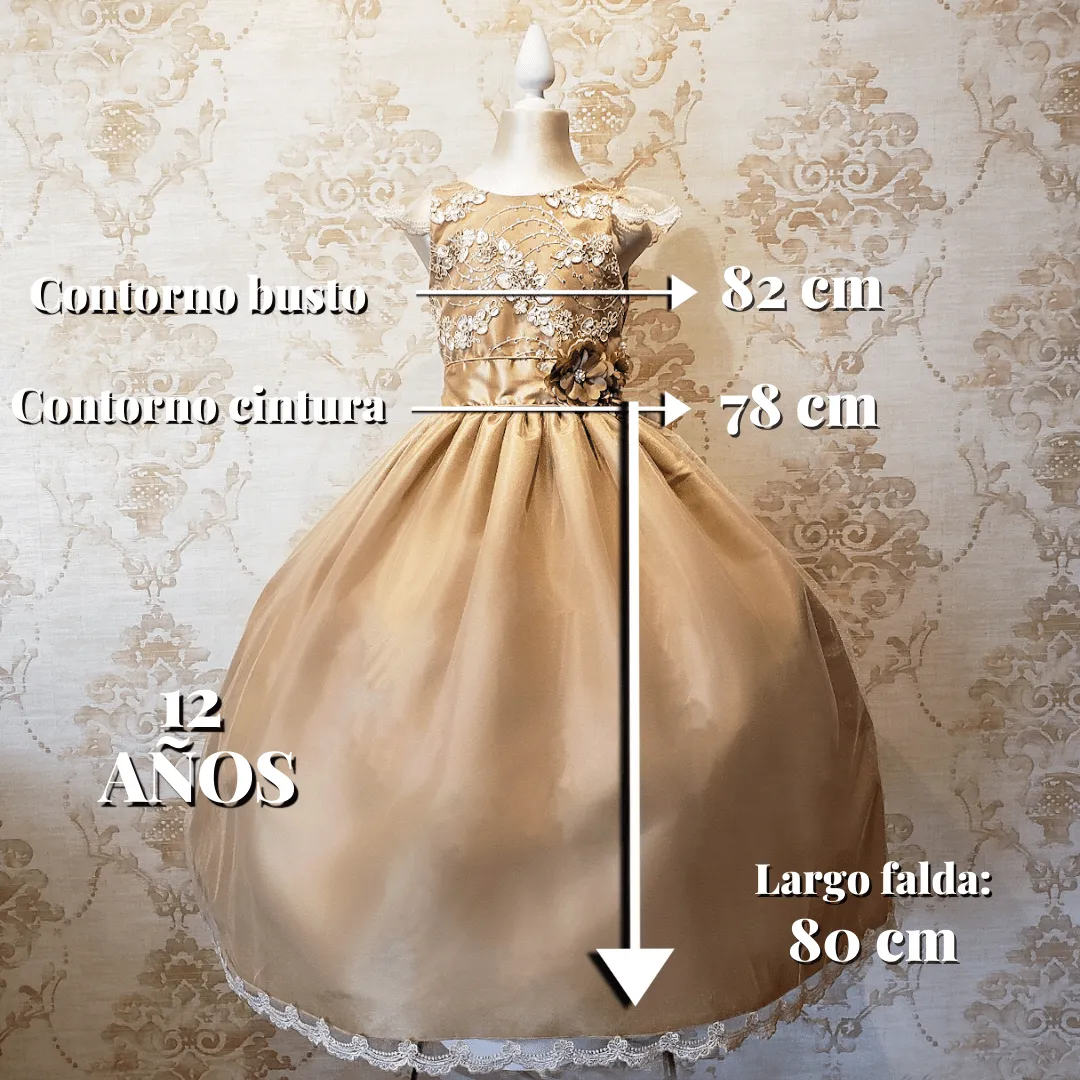 Vestido de Niña Fiesta Oro con Encaje Oro Elegante Talla 10 a 12 Años