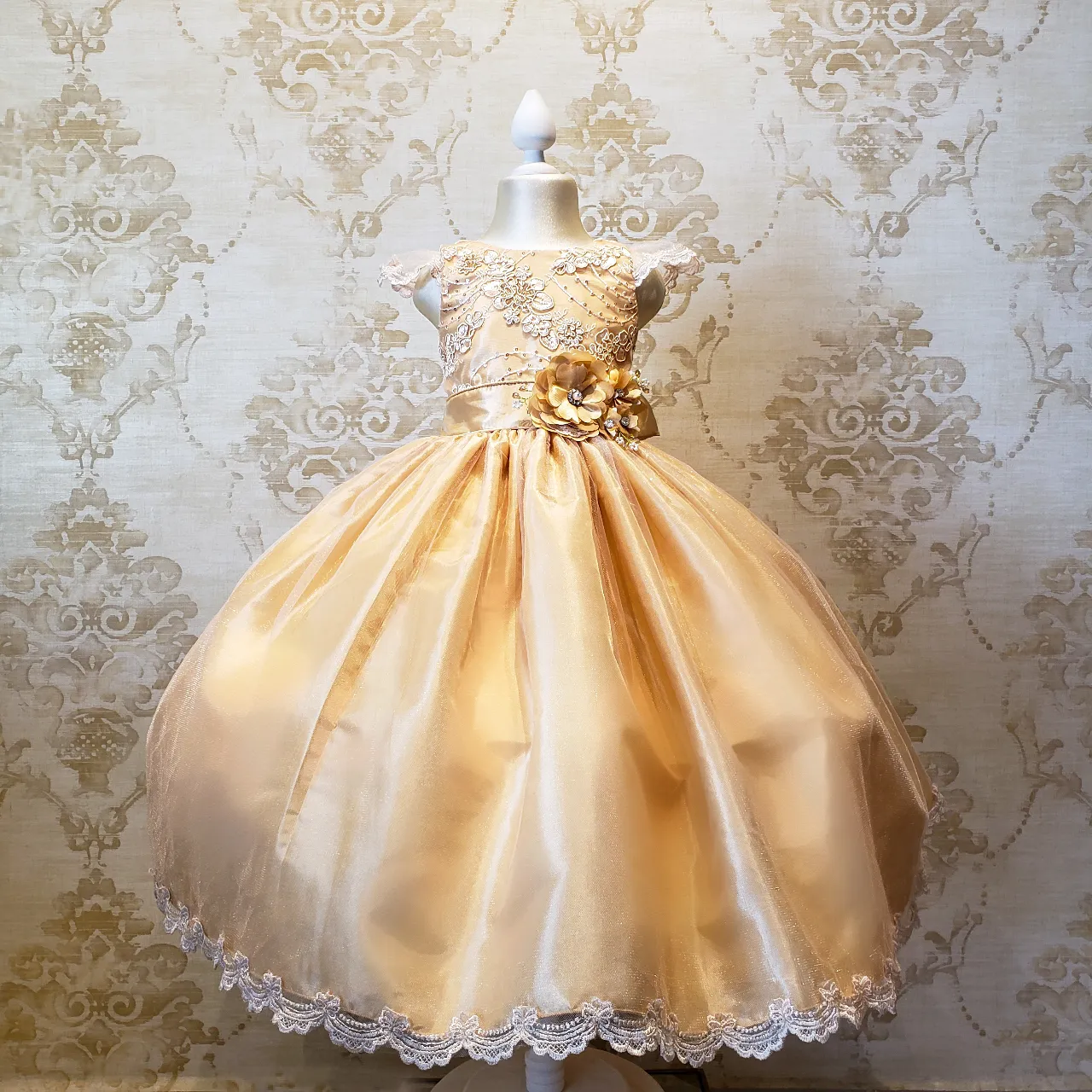 Vestido de Niña Fiesta Oro con Encaje Oro Elegante Talla 4 a 8 Años