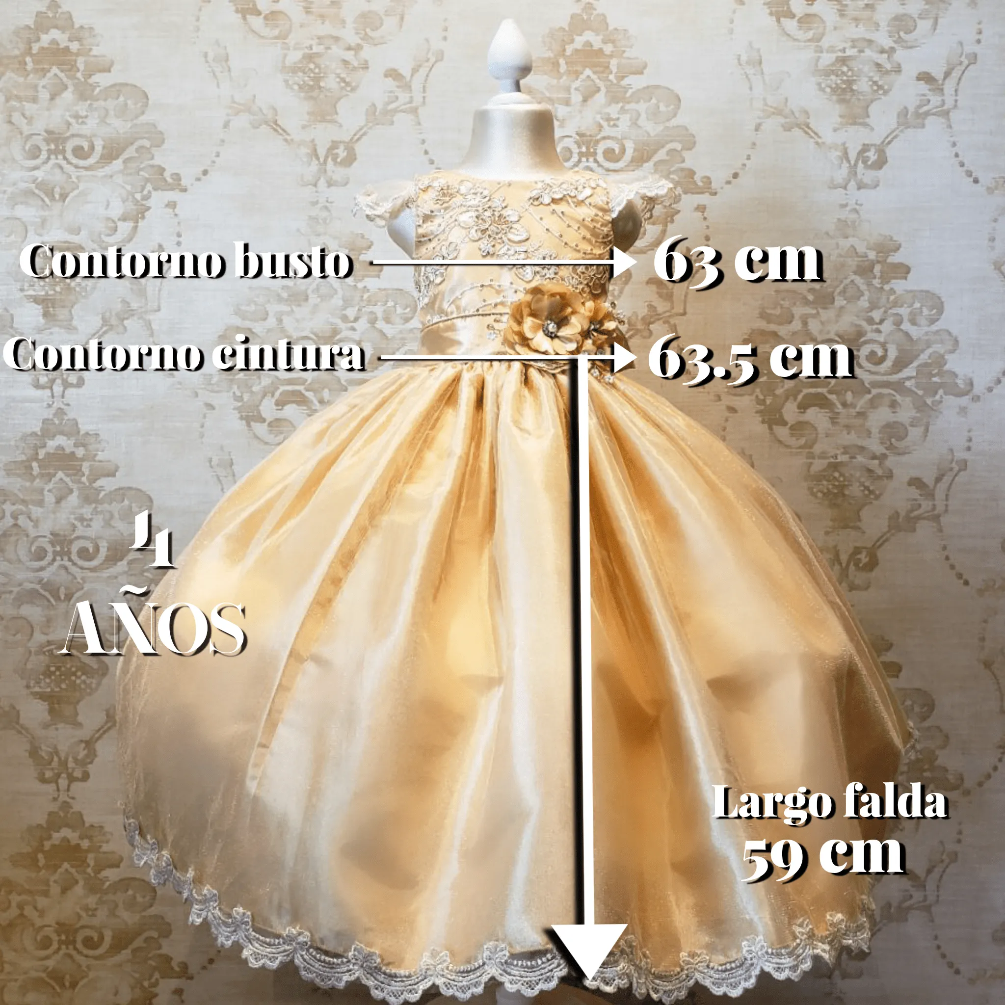 Vestido de Niña Fiesta Oro con Encaje Oro Elegante Talla 4 a 8 Años