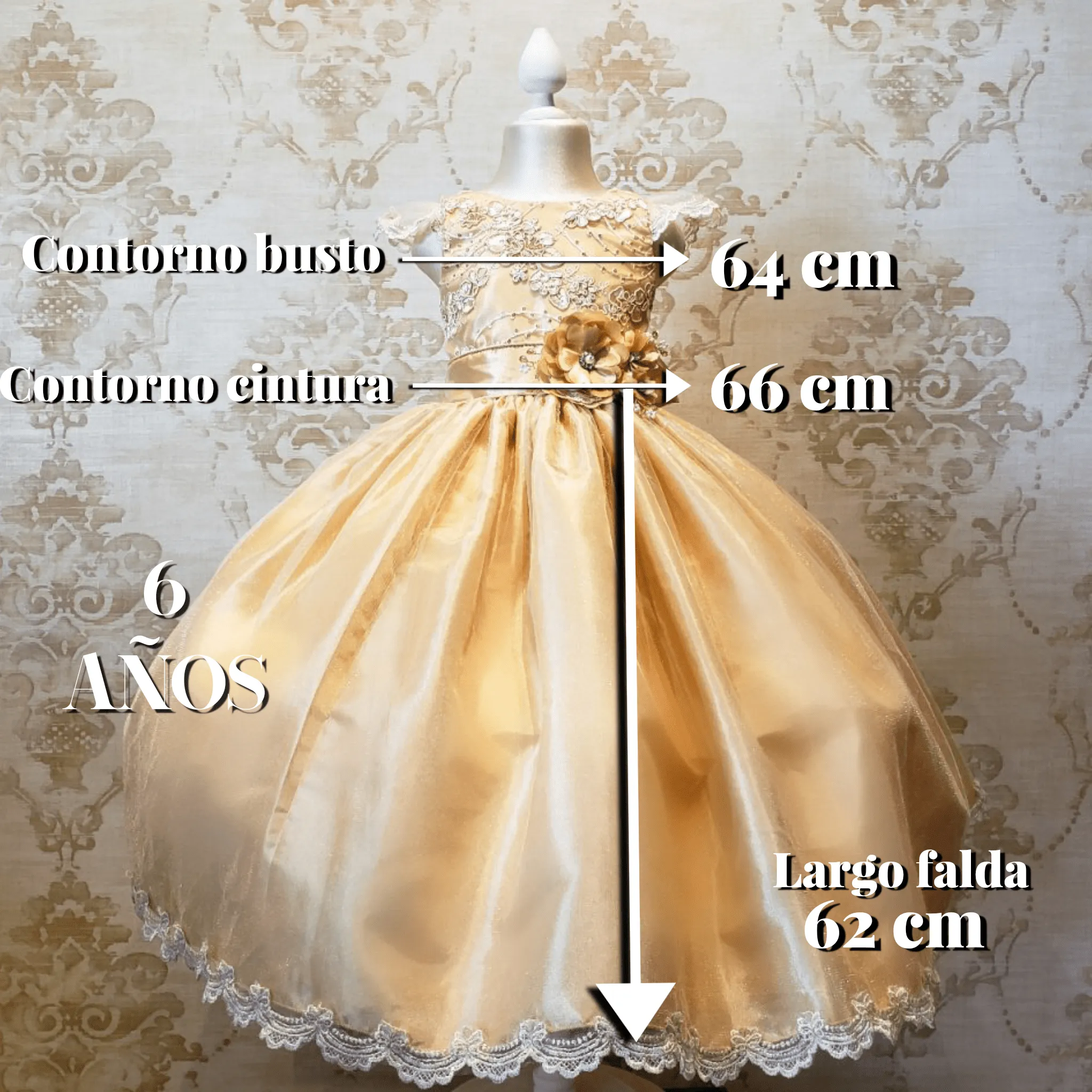 Vestido de Niña Fiesta Oro con Encaje Oro Elegante Talla 4 a 8 Años