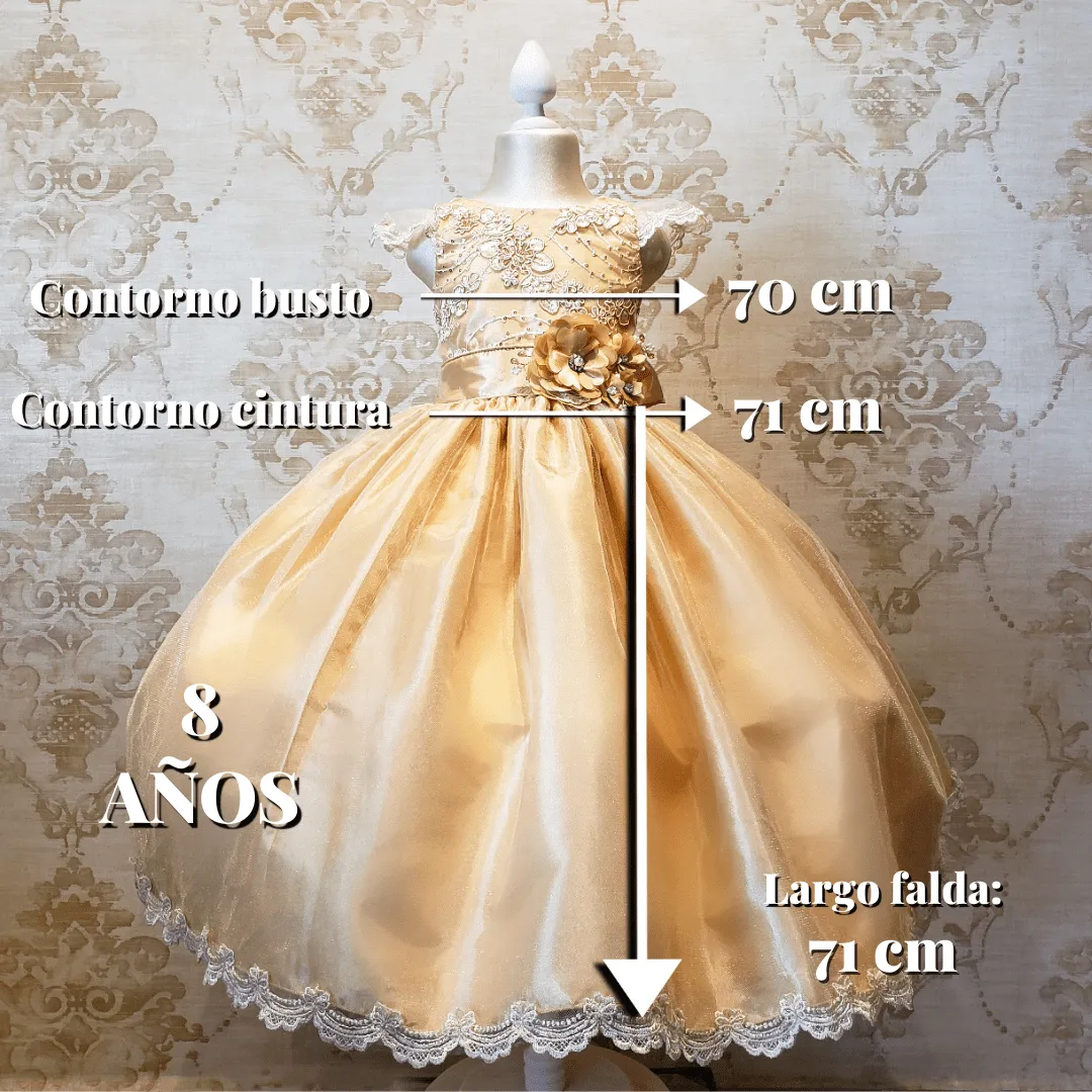 Vestido de Niña Fiesta Oro con Encaje Oro Elegante Talla 4 a 8 Años