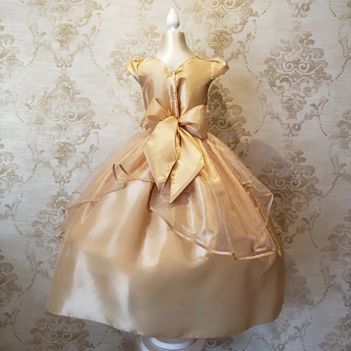 Vestido de Niña Fiesta Oro Encaje Bordado con Flor Talla 10 a 12 Años