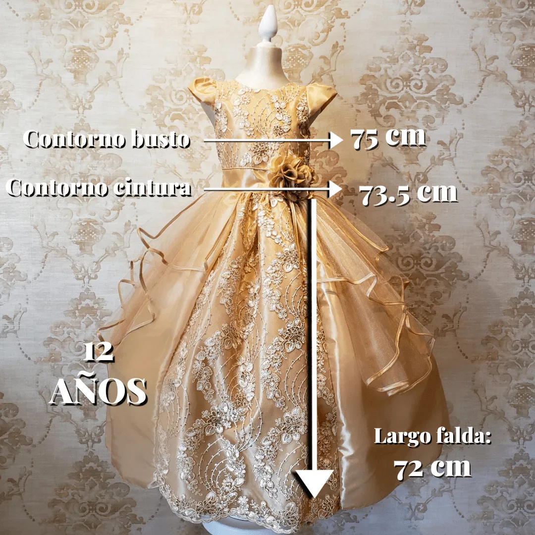 Vestido de Niña Fiesta Oro Encaje Bordado con Flor Talla 10 a 12 Años