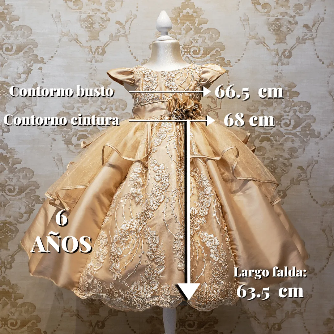 Vestido de Niña Fiesta Oro Encaje Bordado con Flor Talla 2 a 8 años