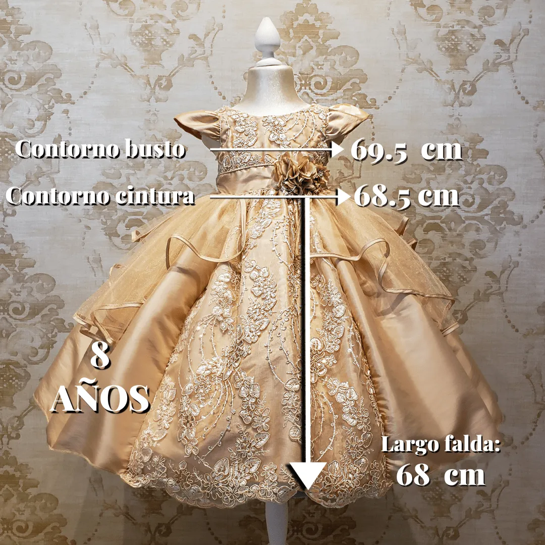 Vestido de Niña Fiesta Oro Encaje Bordado con Flor Talla 2 a 8 años