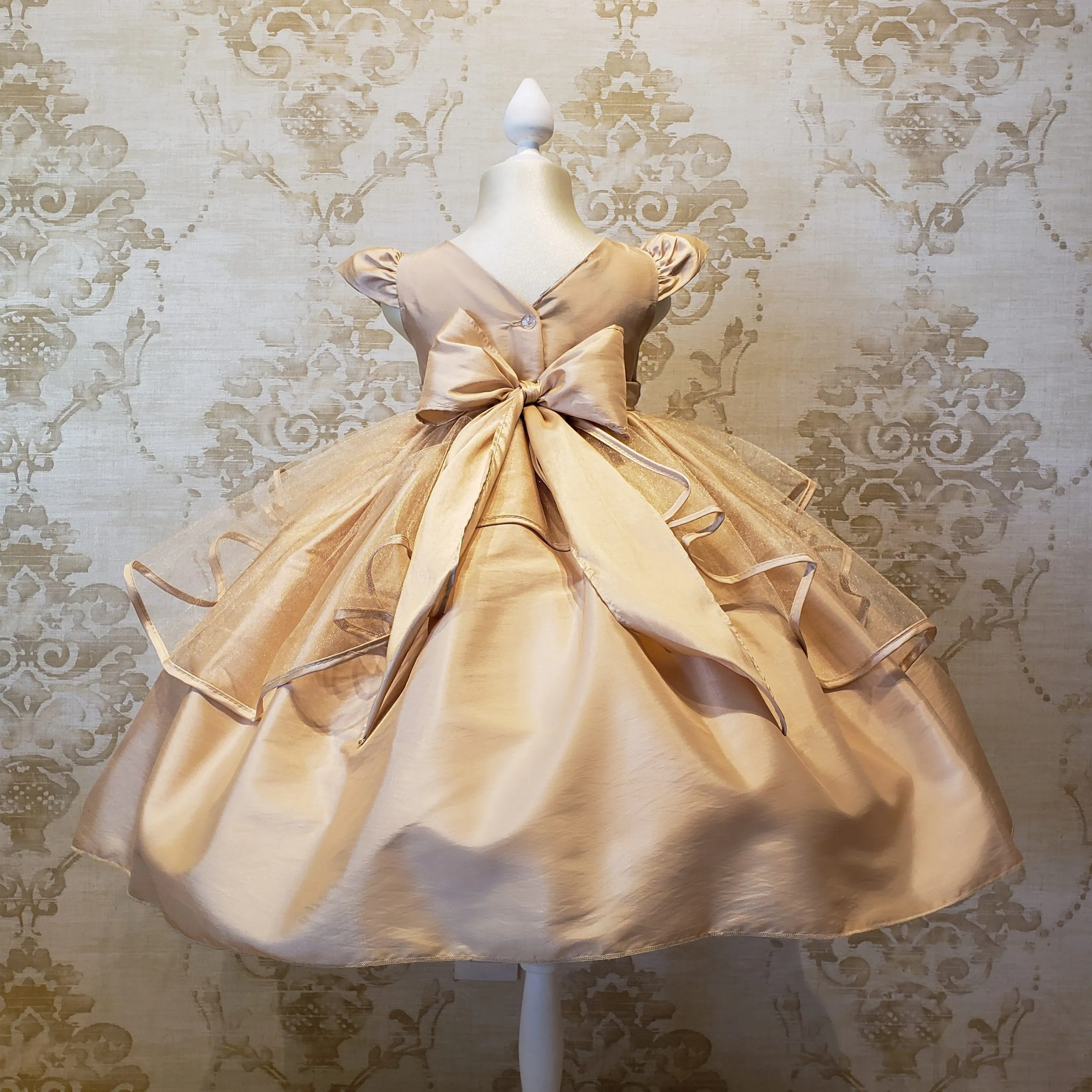 Vestido de Niña Fiesta Oro Encaje Bordado con Flor Talla 2 a 8 años