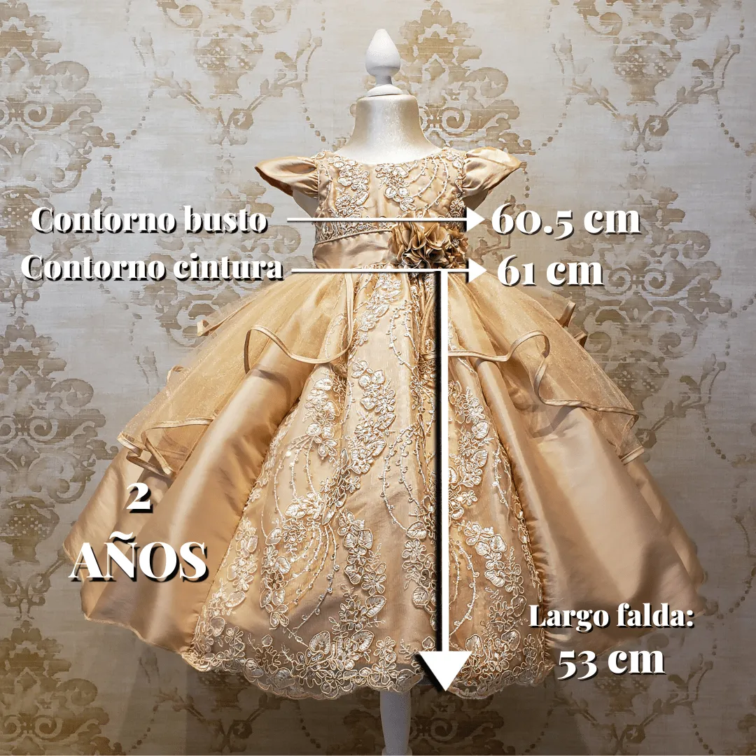 Vestido de Niña Fiesta Oro Encaje Bordado con Flor Talla 2 a 8 años