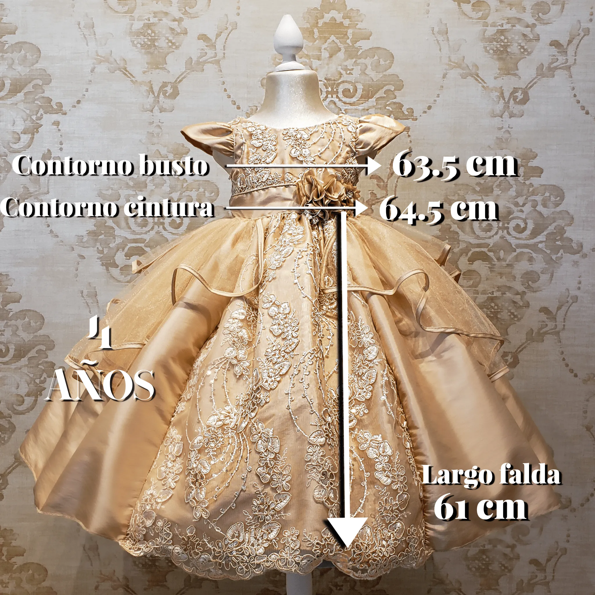 Vestido de Niña Fiesta Oro Encaje Bordado con Flor Talla 2 a 8 años