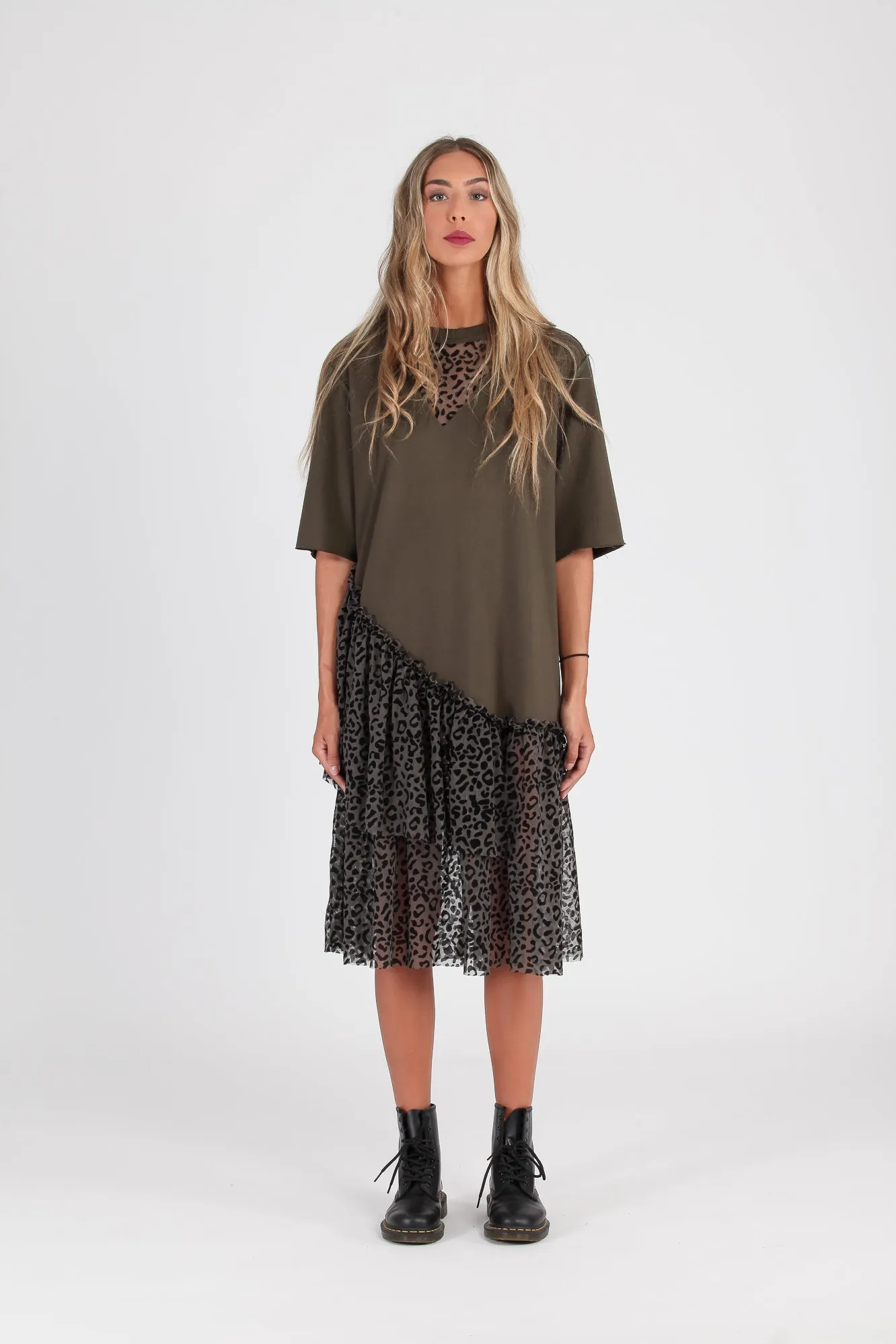 Vestido volantes tul print khaki