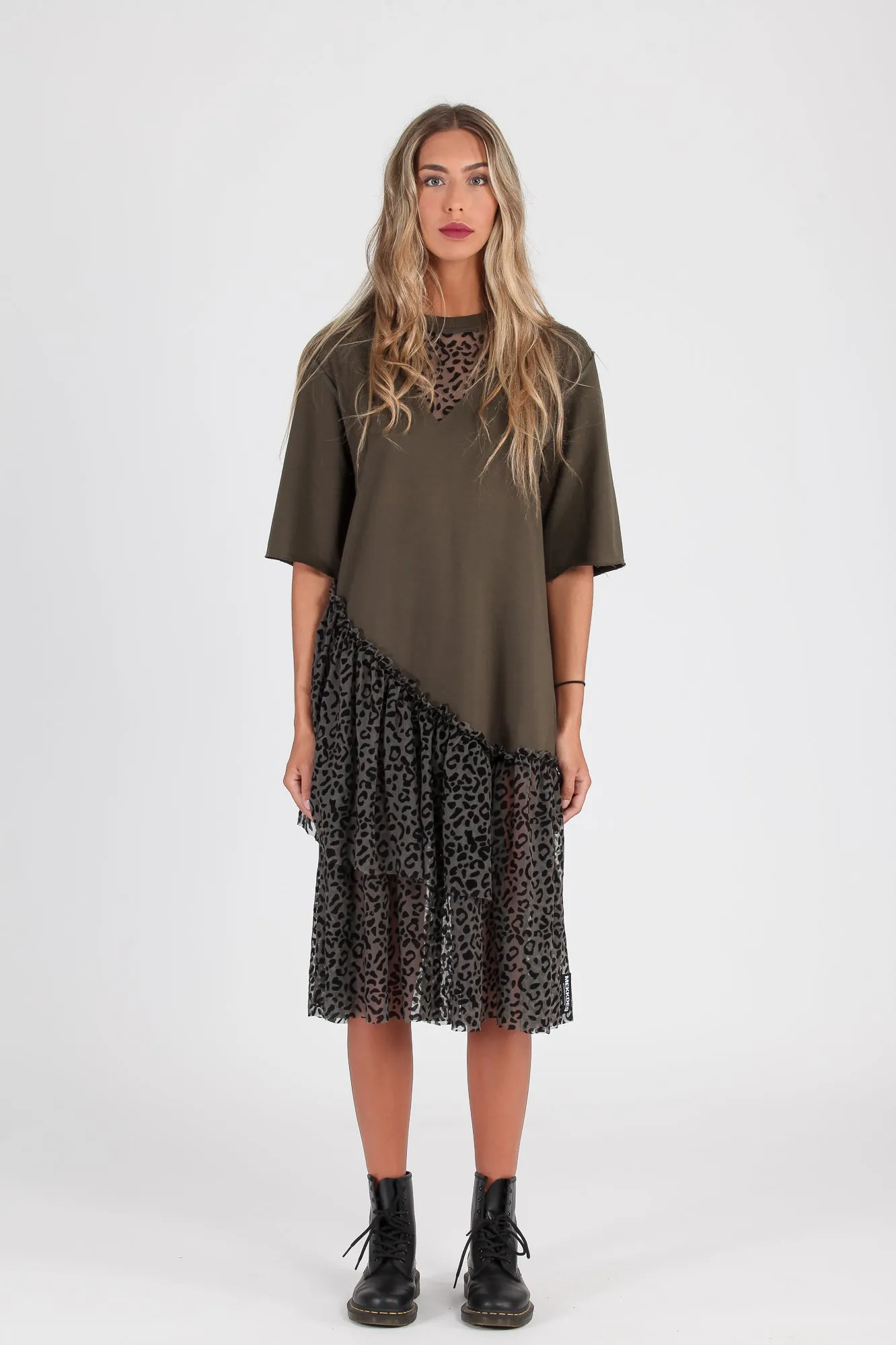 Vestido volantes tul print khaki