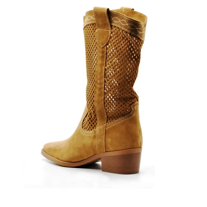 VEXED 6984 Beige y Cuero Bota Western calada tacón medio mujer