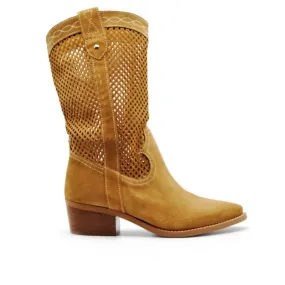 VEXED 6984 Beige y Cuero Bota Western calada tacón medio mujer